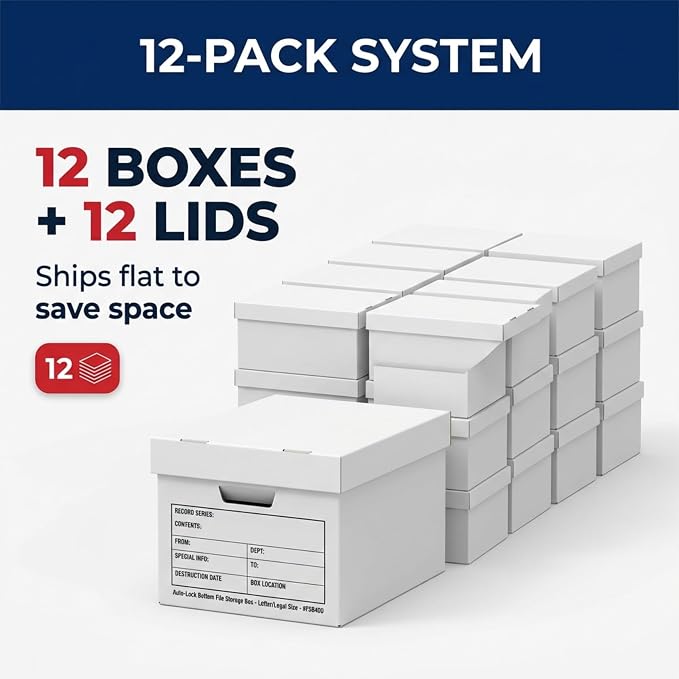 BOX USA Boxes with Lids and Handles (12-Pack) - File Storage Boxes for Office Supplies, Book Storage, Moving, and Packaging
