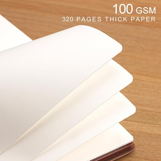 AHGXG Thick Blank Notebook, 320 Numbered Pages, A5 (5.75'' X 8.38'') | 100GSM Plain Paper, Vintage Leather Hardcover, for Men Women Work Office School (Brown)
