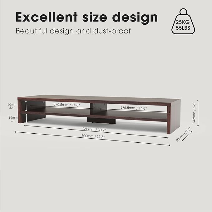 Fenge 31.5 Inch Dual Monitor Stand Riser for Desk, Brown | Wooden Desk Shelf, 2-Tier Open Storage Compartment, for PC Laptop Screen Printer, Home Office Desktop Organizer