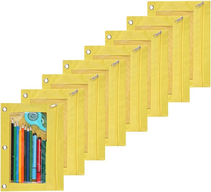 Zippered Pen Pencil Binder Pouch | 3 Rings with Clear Window for School Classroom Organizers 8 Pcs (yellow)