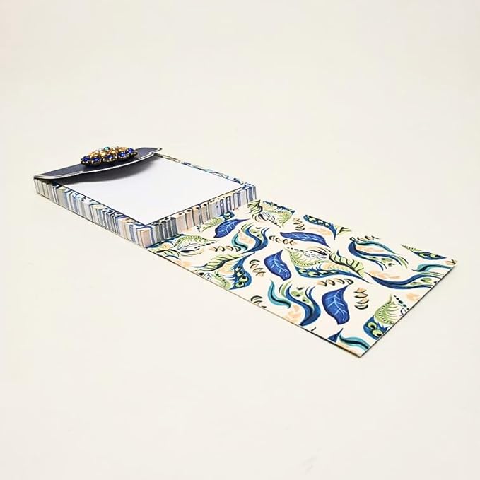 Punch Studio Flip-Top Notepad For Daily Notes or Notes on-the-go, with Magnetic Closure, Brooch Embellishment, Gold-Foil Accents & 75 Illustrated Sheets, 5" x 3.75" - Azure Peacock (59225)