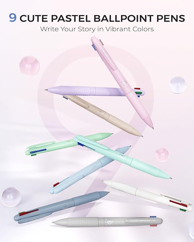 Four Candies Multicolor Pens, 4-in-1 Retractable Pens, 9 Count | Retractable Multi Color Pens Fast Dry, Smooth Writing for Planners and Journaling, Nurse Accessories for Work