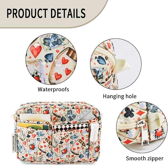 E-WEICHEN Multiple Pockets Portfolio Organizer with Zippered, Makeup Bag Travel Essentials for Women, Simple Waterproof Stationery Pencil Pouch Bag for Journal Office Art Supplies.Beige Poker