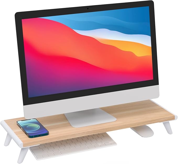 loukin Monitor Stand Riser for Desk, 22.4" × 8.2" Computer Stand, Wood | Supports 22 lb, No Installation Required, Water-Resistant Surface, Fits Laptops and Printers, Ergonomic Design