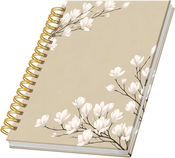 KZYVFNPQ Spiral Journal Notebook for Women Men, A5 Cute Hardcover Lined Notebook with Strong Binding,College Ruled Notebook for Office Work Writing(White Beige Flowers)