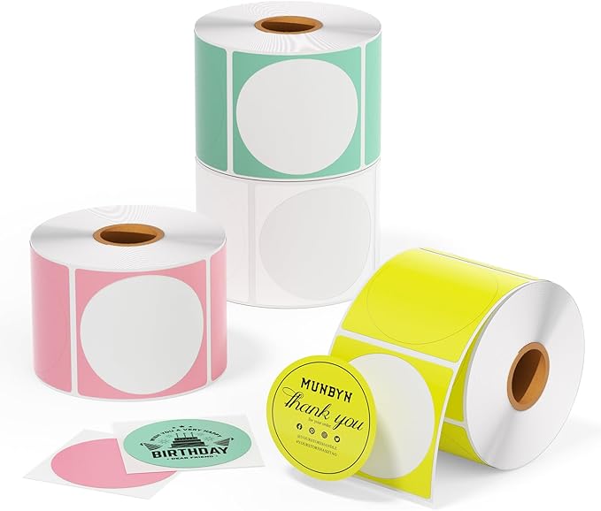 MUNBYN 2 Inch Color Circle Thermal Sticker Label, Self-Adhesive Round Direct Thermal Label for Logo Design, White Pink Green Yellow, 3000 Sheets/4 Rolls