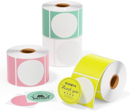 MUNBYN 2 Inch Color Circle Thermal Sticker Label, Self-Adhesive Round Direct Thermal Label for Logo Design, White Pink Green Yellow, 3000 Sheets/4 Rolls