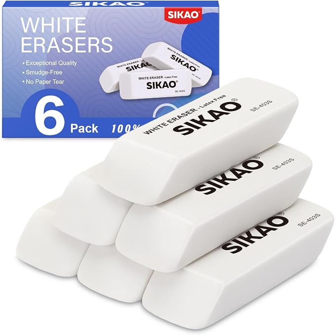 White Erasers, 6 Pack Pencil Erasers | Latex-Free & Smudge-Free Beveled Rubber Erasers for School Supplies, Classroom, Tests & Homework