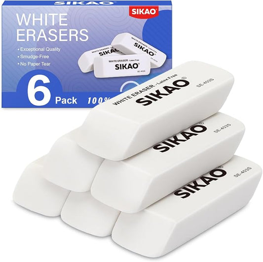 White Erasers, 6 Pack Pencil Erasers | Latex-Free & Smudge-Free Beveled Rubber Erasers for School Supplies, Classroom, Tests & Homework