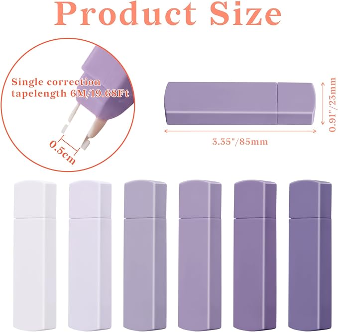 Temiary 6Pcs Mini White Correction Tapes , Quick Dry Smooth Pull Out for Writing, Aesthetic Cute Correction Tape Set Easy To Use for Students School Office Supplies (Purple)