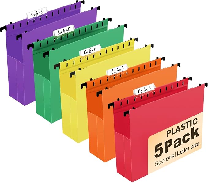 Navona 5 Pack Plastic Hanging File Folders, Letter Size | Heavy Duty 2" Expanding Pockets with Clear Tabs, Reusable File Organizer for Home, Office & Filing Cabinets, 5 Colors