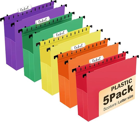 Navona 5 Pack Plastic Hanging File Folders, Letter Size | Heavy Duty 2" Expanding Pockets with Clear Tabs, Reusable File Organizer for Home, Office & Filing Cabinets, 5 Colors