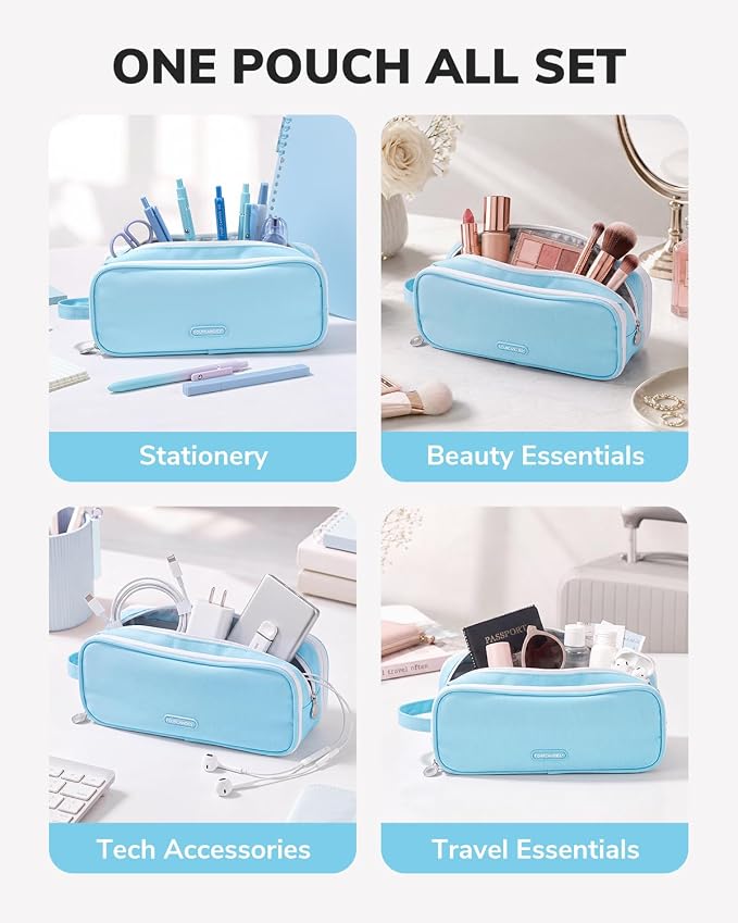 Four Candies Large Pencil Case, 3 Compartment Organizer Pouch | Large Pen Bag for Stationery & Office Multi-Purpose Organizer Makeup Bag Travel Bag with Handle (Blue)