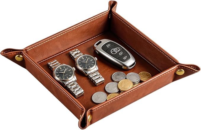 YAPISHI Light Luxury Valet Tray for Men, PU Leather Vanity Jewelry Tray & Decorative Perfume Catchall, Folding Travel EDC Dump Tray, Nightstand Organizer Caddy for Keys, Watches, Coin Bowl Dish