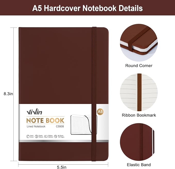 ViVin Lined Journal Notebooks for Professional Office Work,192 Pages,Medium 5.5 x 8.3 inch,College Ruled,A5 Hardcover Journaling Notebooks for Writing,8 Pack Bulk