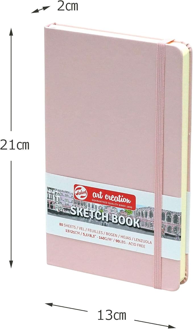 Talens Art Creation Sketchbook, Pastel Pink, 80 Sheets, 5.1 x 8.3 in | Hard-Bound Pocket Notebook, 140 GSM/94 lbs Paper, Acid-Free Cream Blank Paper, Ribbon Bookmark, and Elastic Closure