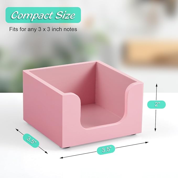 Bivvclaz Wood Sticky Note Holder, 3 x 3 Inch Post It Note Dispenser for Office Desk Accessories, Self Stick Note Pad Holder, Memo Pad Holder Dispenser Organizer for School Office Desk Supplies, Pink