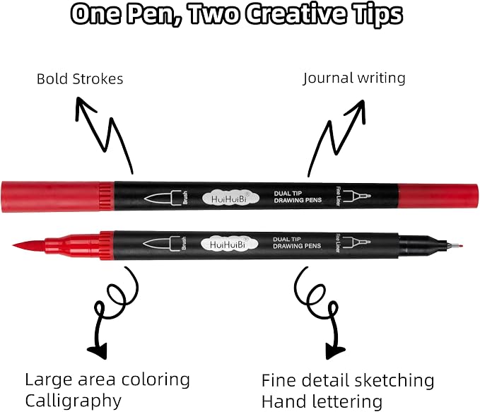 10 Pack Red Markers for Coloring,1-6mm Dual Brush Pens with 0.4mm Fine Tip Markers,Red Drawing Pens for Art Drawing Sketching Calligraphy