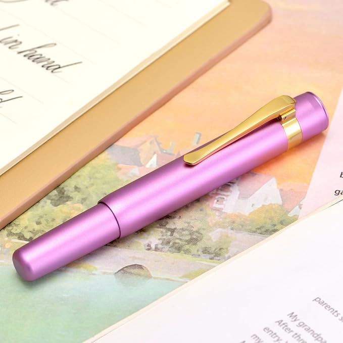 HONG DIAN M2 Black Forest Mini Fountain Pen, Fine Soft Golden Nib & Sleek Shape Aluminium Short Pocket Travel Pen (Lilac Purple)
