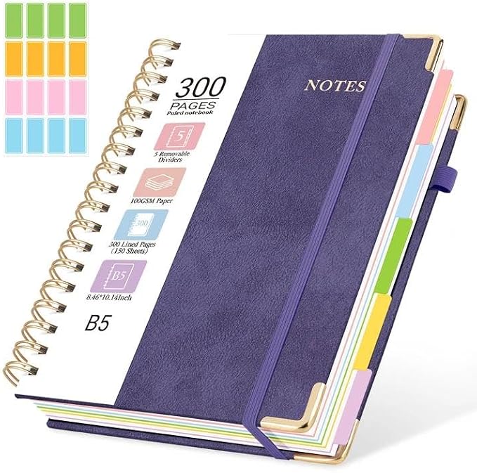 Hardcover Spiral Journal Notebook, 300 Pages 5 Subject Notebook College Ruled with Removable Dividers Tabs, 8" x 10" Notebooks for Work, Spiral Ruled Lined Writing Journal Hardcover Leather Notebook for School (Purple, 8''x 10'')