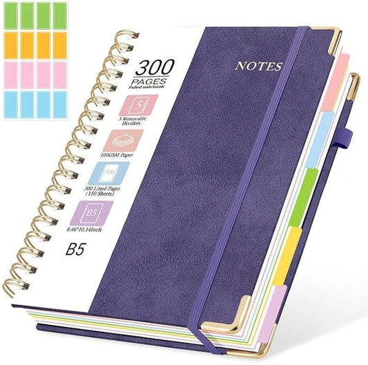 Hardcover Spiral Journal Notebook, 300 Pages 5 Subject Notebook College Ruled with Removable Dividers Tabs, 8" x 10" Notebooks for Work, Spiral Ruled Lined Writing Journal Hardcover Leather Notebook for School (Purple, 8''x 10'')