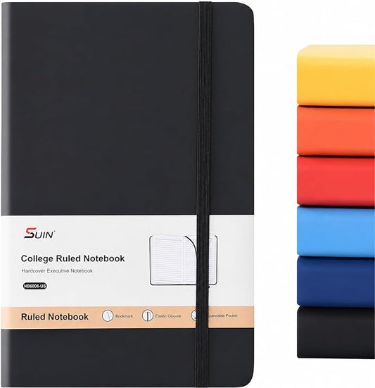 SUIN Hardcover-Journal-Notebooks, A5 Lined Journals Notebook for Writing 200 Pages, 8.2 x 5.5 inch, Classic Ruled Notebooks for Work/Travel/College (Black- 1 Pack)