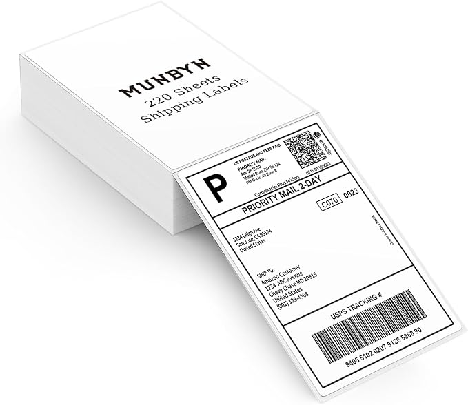 MUNBYN 4x6 Thermal Printer Labels, Commercial Grade, 220 Sheets/Stack | 4"x6" Fanfold Shipping Labels, No BPA and BPS, Print Clear and Sharp, Strong Adhesive, Compatible with Most Thermal Printers
