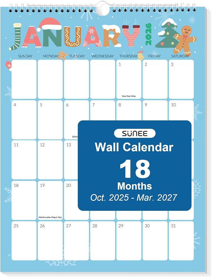 SUNEE 2026 Calendar, 18 Months Wall Hanging Monthly 2026 Calendar 8.5"x11", October 2025 to March 2027, for Organizing & Planning, Cute