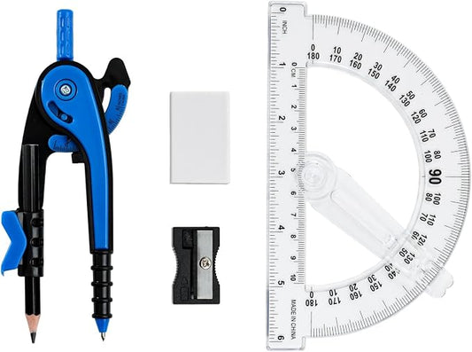 Vobou Compass and Protractor Set, 6 Inch Swing Arm Protractor (Dark Blue) | Compasses for Math for Drafting, Sharpener, Eraser and 180 Degree 6 Inch Clear Protractor, Easy Grip, School Supplies