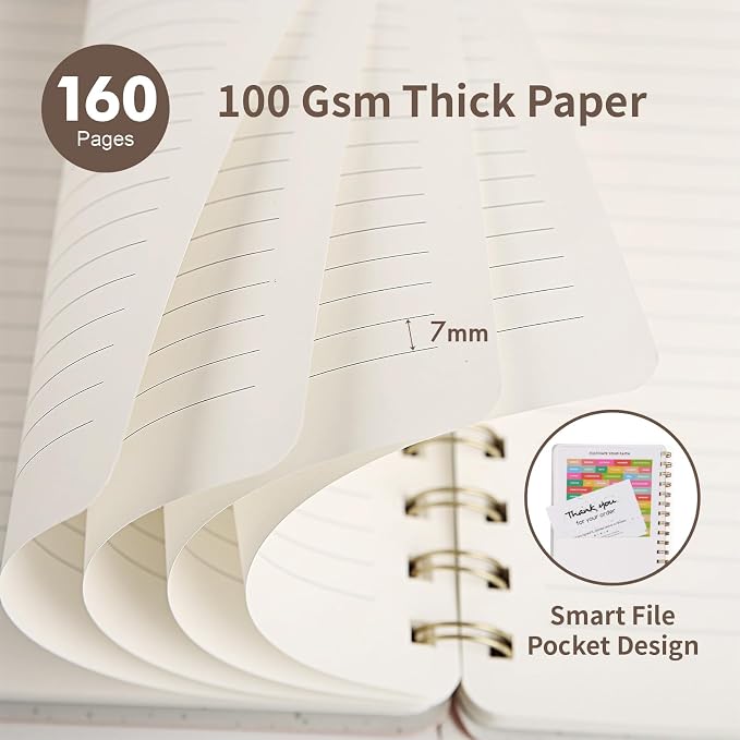 Spiral Notebook-5.75" x 8.125" College Ruled Journal with Inner Pockets and 160 Pages,PU Leather Cover Business Journal, Twin-Wire Binding Notebook Perfect for Office & Home School Supplies Coffee