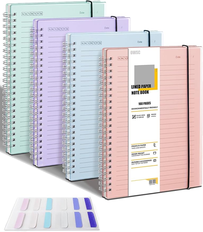 OWSC 4 Pack College Ruled Spiral Notebook, Notebooks for Work A5 Lined | 5.9 x 8.3 IN Notebooks College Ruled for Note Taking, School and Journal with 80 Sheets/160 Pages 110 GSM Thick Papers