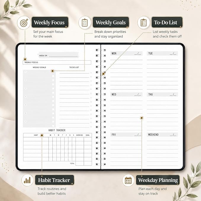 TREES Undated Weekly Planner, Weekly To-Do List, Goal and Habit Tracker | 5.8" x 8" Spiral-Bound Organizer for Weekly Goals, Tasks and Habits, Designed for Work, School and Everyday Planning