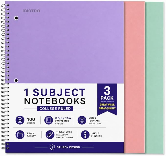Mintra Office Durable Spiral Notebooks, 1 Subject, (Salmon, Sage Green, Lavender, College Ruled 3 Pack), 100 Sheets, Poly Pocket, Moisture Resistant Cover, Strong back, For School, Office, Business,
