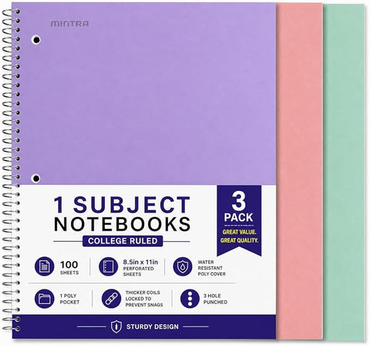 Mintra Office Durable Spiral Notebooks, 1 Subject, (Salmon, Sage Green, Lavender, College Ruled 3 Pack), 100 Sheets, Poly Pocket, Moisture Resistant Cover, Strong back, For School, Office, Business,