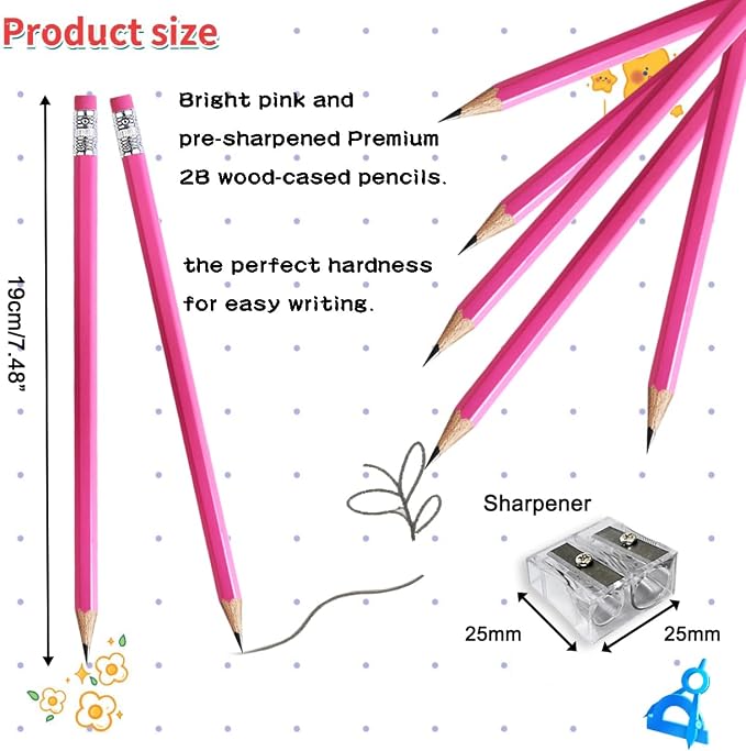 Adhere 25pcs Woodcase Pencils with Eraser Premium Pre-Sharpened Hexagon Graphite 2B pencils ideal for home, office writing including a Free Sharpener(Pink・25pcs)