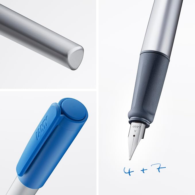 LAMY nexx blue – Fountain Pen with slip-proof grip & polished Left-Handed steel nib (LH) in size M - triangular aluminum body - including LAMY T 10 blue cartridge
