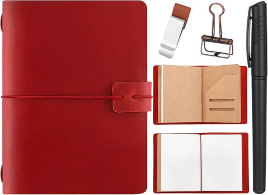 Thenshop Travelers Refillable Leather Journal Notebook Travel Diary Handmade Passport Travelers Journal for Men and Women with 3 Notebook Inserts, Pen Holder, Binder Clip(Wine Red,Passport Size)