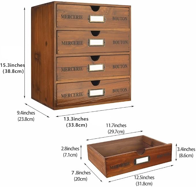 Large Wooden Drawers Wooden Box with Drawer Brown | 4 Drawer Storage Box for Apothecary Cabinet, Apothecary Drawers，Desktop Organizer with Metal Handles for Office，Home