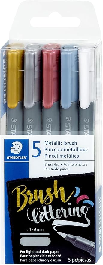 STAEDTLER Metallic Brush Pens, 5ct, 1-6mm Brush Tip, Assorted Colors, Opaque Ink that Writes on Light and Dark Paper; For Calligraphy, Hand Lettering, Scrapbooking, Cardmaking, and Crafts