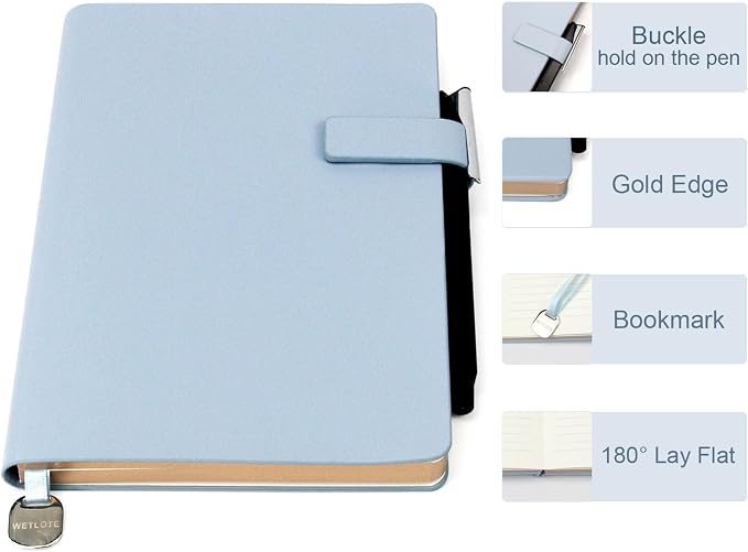 A5 Soft Cover Lined Notebook, Pen Holder & Gold Edges, 180° Lay Flat Journal, Large 5.7 x 8.4 in, Bookmark & Gift Box, Business Notebook for Work, Study, Travel(Light Blue)