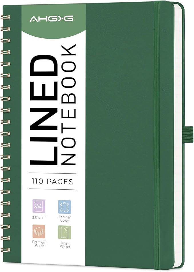AHGXG Lined Spiral Journal Notebook, 110 Pages, A4 (8.5" x 11") | Journals for Women, Hardcover Leather Notebook College Ruled, 100 GSM Paper, for Work School Note Taking (Dark green)