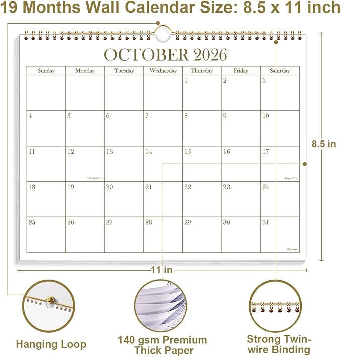 2026-2027 Calendar - 2026-2027 Wall Calendar from July 2026 - December 2027, 19 Months Calendar with Premium Paper, Twin-Wire Binding & Hanging Hook, 8.5" x 11", Golden