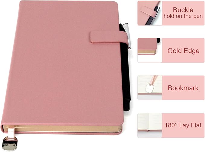 A5 Hard Cover Lined Notebook, Pen Holder & Gold Edges, 180° Lay Flat Journal, Large 5.7 x 8.4 in, Bookmark & Gift Box, Business Notebook for Work, Study, Travel(Pink)