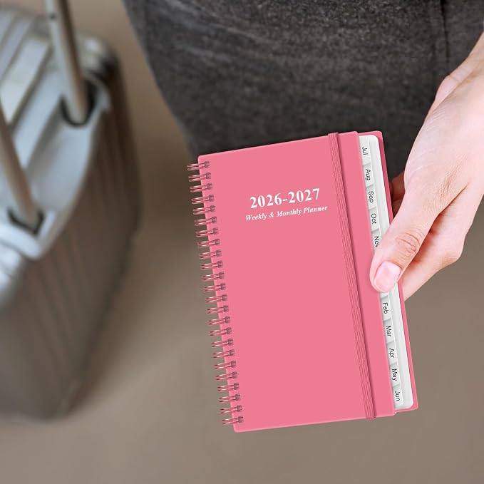 2026-2027 Pocket Planner/Calendar - 2026-2027 Planner from July 2026 - June 2027, Planner 26-27 with 12 Tabs, Twin-Wire Binding, Inner Pocket, 3.75" x 6.75, Pink