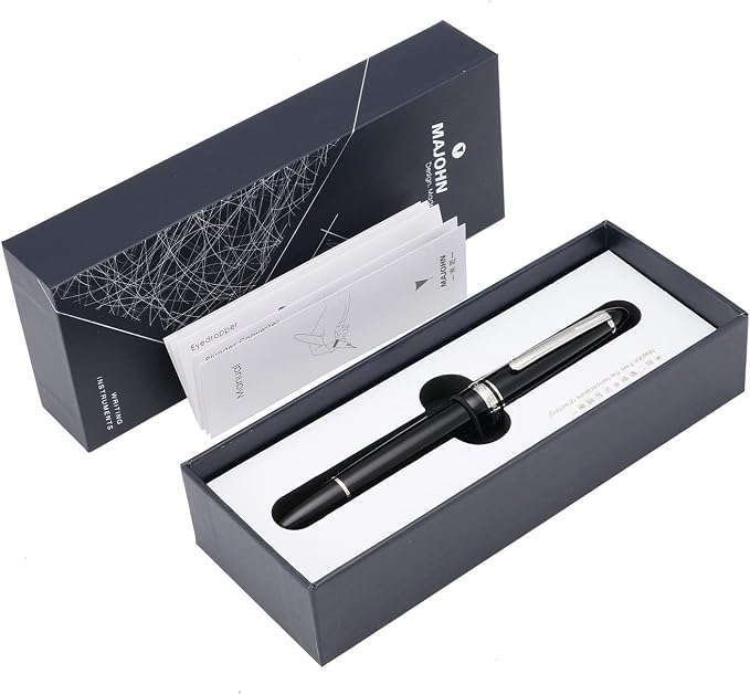 erofa Majohn P136 Piston Fountain Pen Extra Fine Nib with Box, Black Resin Writing Pen Set