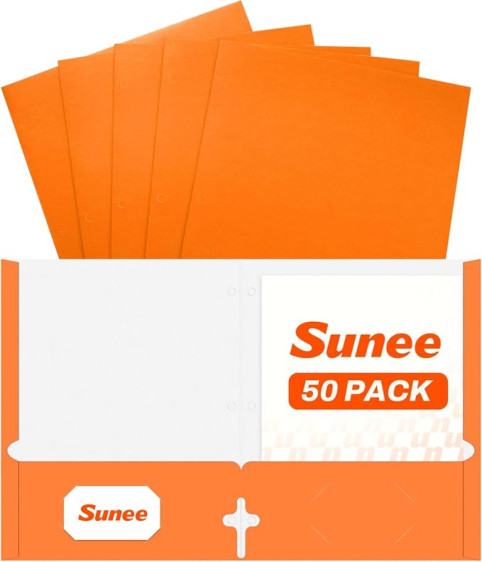 SUNEE Two Pocket Folders, 50 Pack File Folders with Business Card Slot, Textured Paper, Fit Letter Size Paper, Paper File Folder for School Office Home Business, Orange