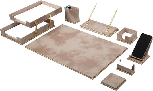 Cloud Luxury Leather Desk Set – 10 Piece Executive Desk Organizer with Desk Pad, Double Document Tray, Pen Holder, Memo Holder, Business Card Holder & Phone Stand – Gold Office Accessories (Beige)