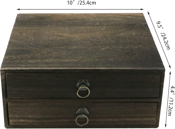 Wooden Desk Organizer 10" x 9.5" x 4.4" Mini Desk Drawer Tabletop Storage Organization Box Vintage Decorative Small Wooden Box（2 Floors）