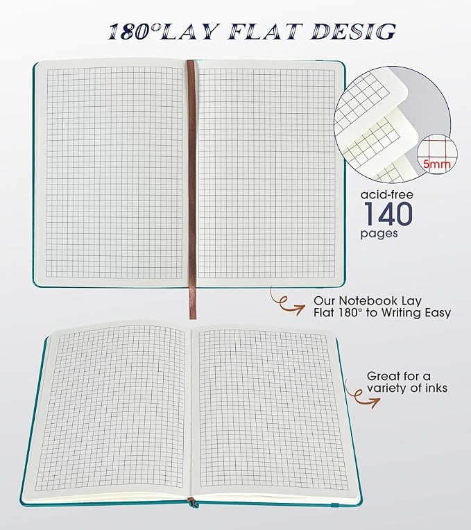 Biuwory A5 Hardcover Graph Paper Notebook, Grid Leather Journal for Writing | 140 Quad Ruled Grid Pages Vintage Diary, 5.7"×8.3" Travel Notebook for Work, School, Women & Men