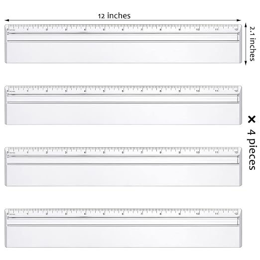 Chinco 4 Pieces Magnifying Ruler Clear Data Processing Magnification Plastic Transparent Accounting Drafting Tools Kits Construction for Reading Drawing (12 Inch)